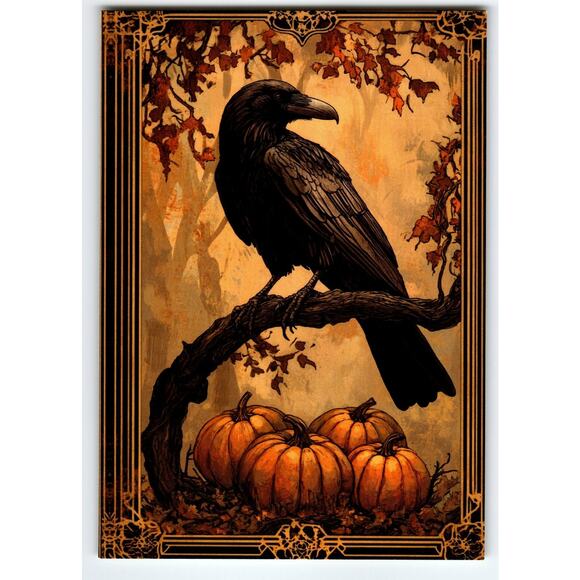 Vintage Halloween Postcard with Raven and Pumpkins - Photochrome 5.5x4 - Picture 1 of 2